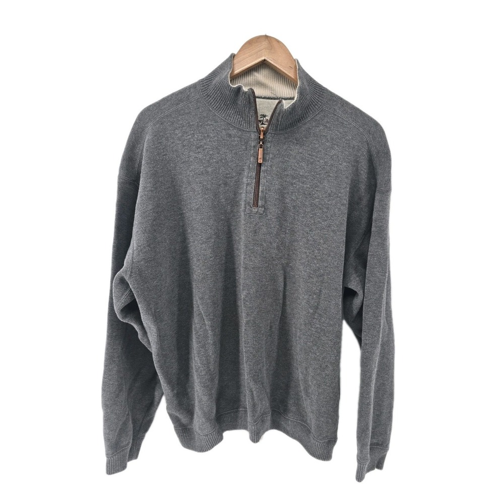 Tommy Bahama Quarter Zip Pullover Mens Large Gray Mock Neck Cotton Blend Ribbed